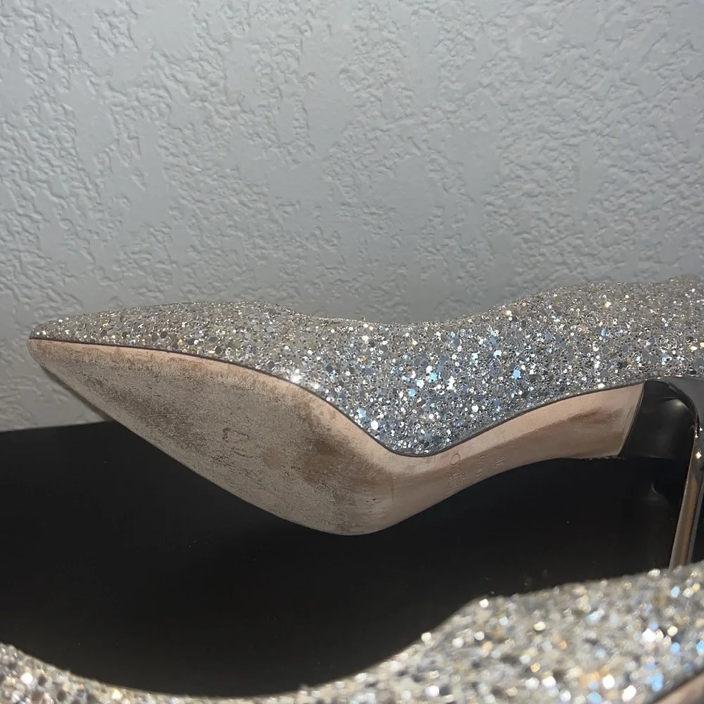 Jimmy Choi Authentic Silver Coarse Glitter Romy 85 Heels - Picture 9 of 9